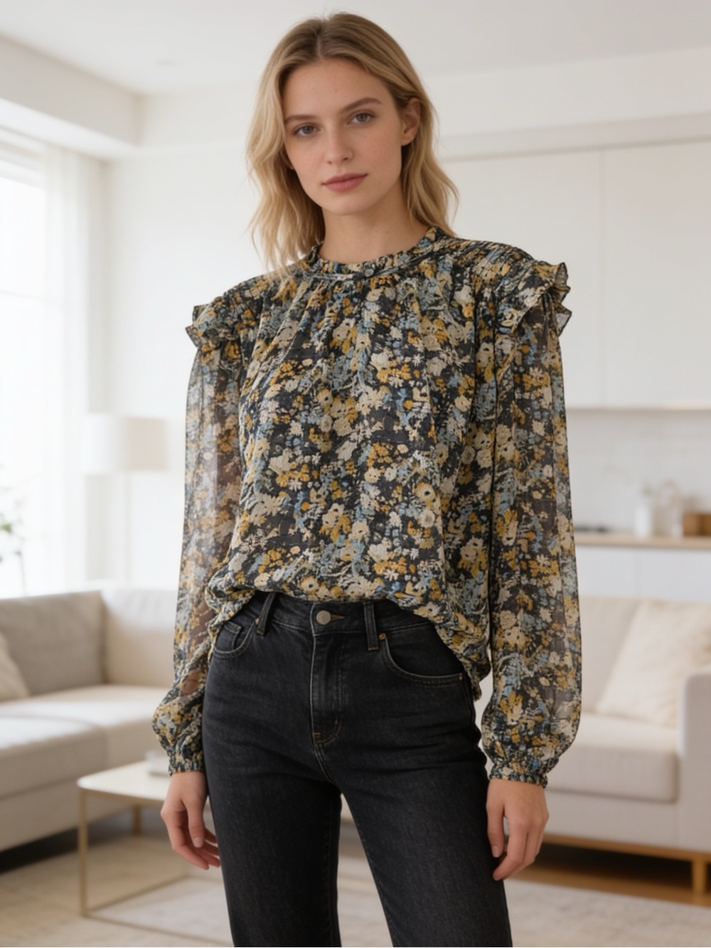 LOFT Floral Print Ruffle Shoulder Long Sleeve Blouse Blue Yellow Black Medium
